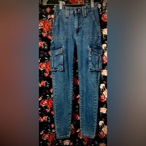 Hers Denim Cargo Jeans Blue High Rise Waisted Pockets Juniors Size 1